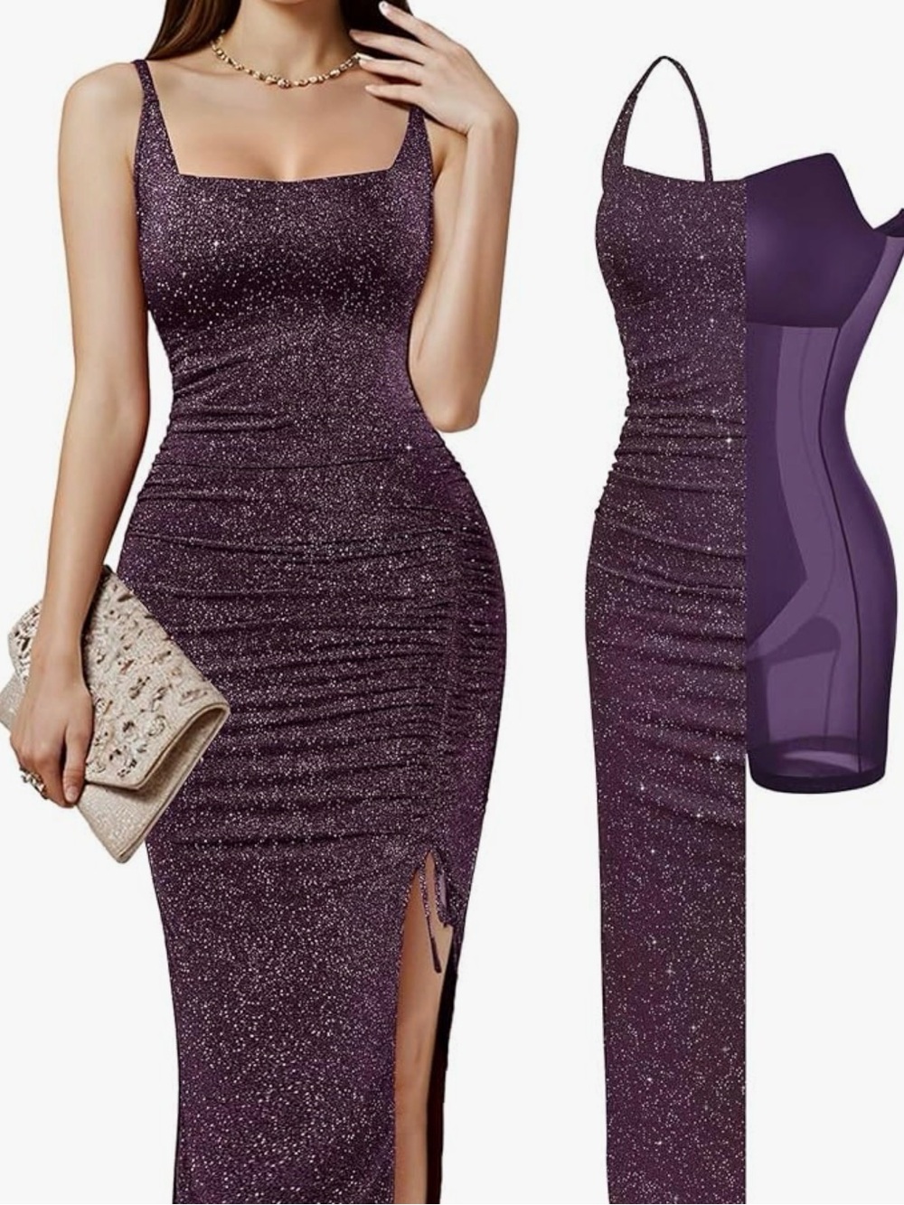 Popilush Sparkle Square-Neck Maxi Dress in Deep Purple